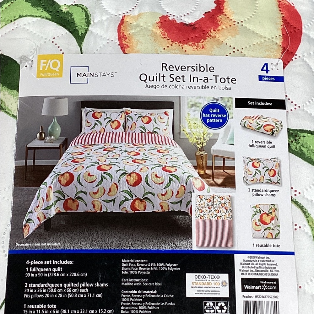 Peach Print Cotton Quilt Set - White and Orange